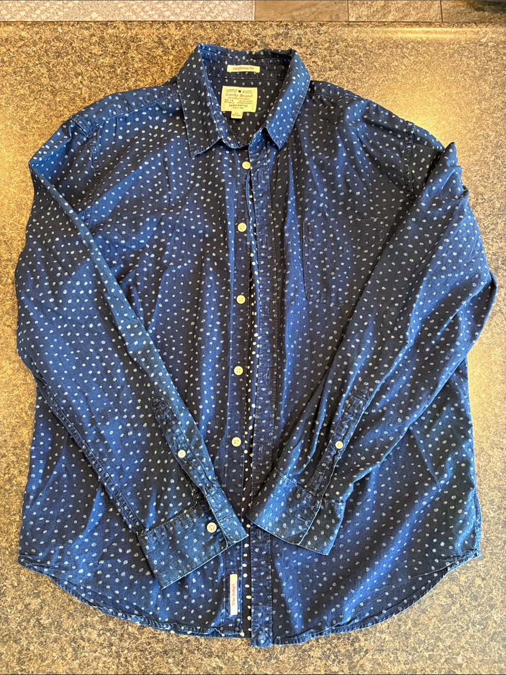 Lucky Brand Navy Blue Button-Down Shirt with Micro Dot Print